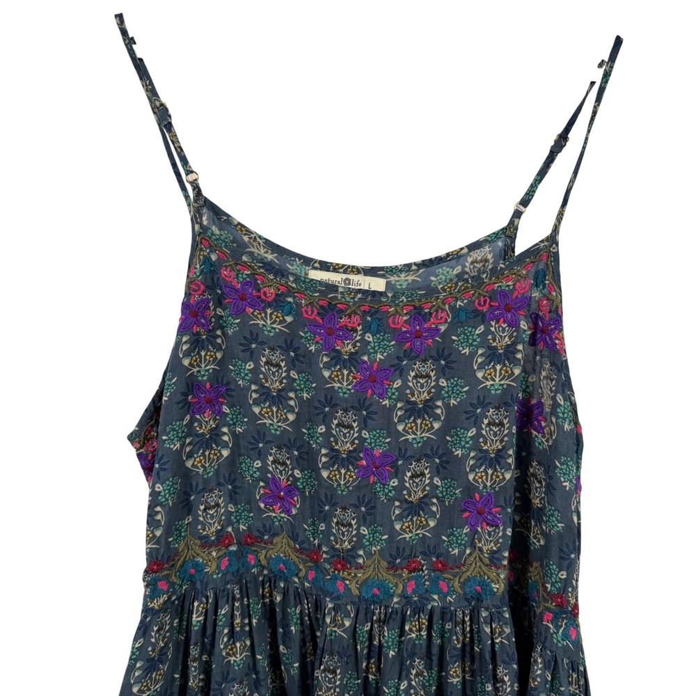 Natural Life Blue Floral Embroidered Boho Mini Dress Womens Large Rayon Pockets - Picture 3 of 12